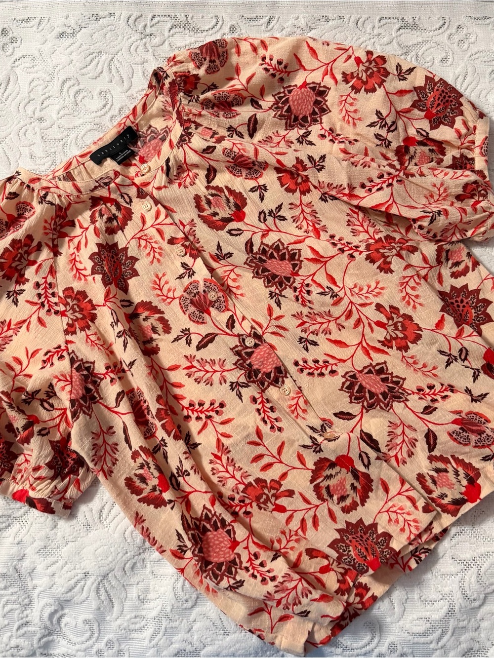Sanctuary Small Floral Button-Front with Puffy Sleeves-Orange, Cream and Red